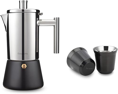 Easyworkz Diego - Máquina de café expreso para estufas, con taza de café expreso de acero inoxidable, juego de 2 tazas de metal con aislamiento de