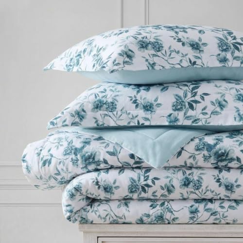 Image of Martha Stewart - Queen Comforter Set, Textured Cotton Jacquard with Refined Softness & Medium Weight Feel, 3 Piece Bed Set with Matching Pillowcases (Vivian Floral Blue)
