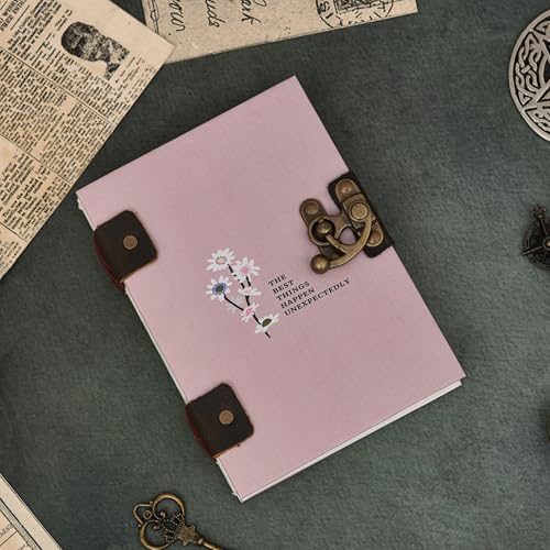 Image of Handmade Pink Floral Diary with Lock | ?The Best Things Happen Unexpectedly? Quote | 7x5 Inch Aesthetic Journal | Recycled Paper Notebook for Writing & Gifting