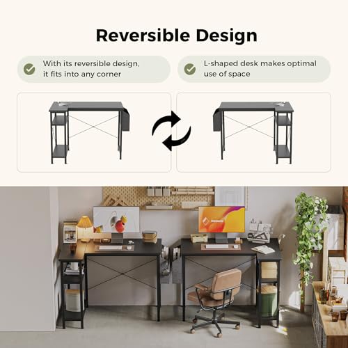 Mericonia Small L Shaped Desk with Power Outlets,100 cm L Computer Corner Desks with Reversible Shelves, Gaming Desk, Study Writing Table for Home Office, Black - Image 4