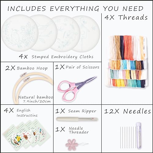 Image of Bonroy 4 Sets Embroidery Set for Beginners, Art Craft, Easy Sewing, Includes Embroidery Clothing, Pattern, Embroidery Hoop, Instruction Manual, Colorful Thread Needles Set (6 Pieces)