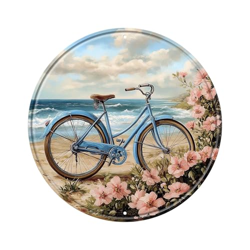 NiniArte Bike Beach Round Metal Tin Sign Wreath Retro Summer Vintage Design for Indoor Outdoor Wall Decor Garden Yard Bar Cafe 8x8inch