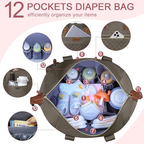 Image of Pritent Diaper Bag Tote, Diaper Baby Bags with Pacifier Case, Shoulder Straps, Stroller Clips, Waterproof Large Mommy Bag Maternity Bag Travel Baby Bag for Mom and Dad, khaki