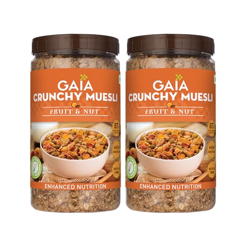 Image of Gaia Crunchy Fruit and Nut Muesli 1 KG Jar (Pack of 2) - The Deliciously Crunchy & Nutritious Breakfast Cereals Packed with Fibre, Iron & Antioxidants Serves As The Nourishing, Tasty Breakfast Option.
