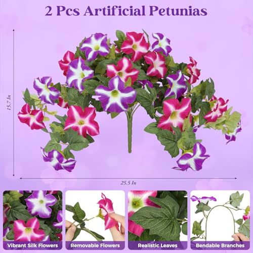 Image of Bassion Artificial Flowers for Outdoors, 2 Pcs Fake Petunia Flower, Fuschia