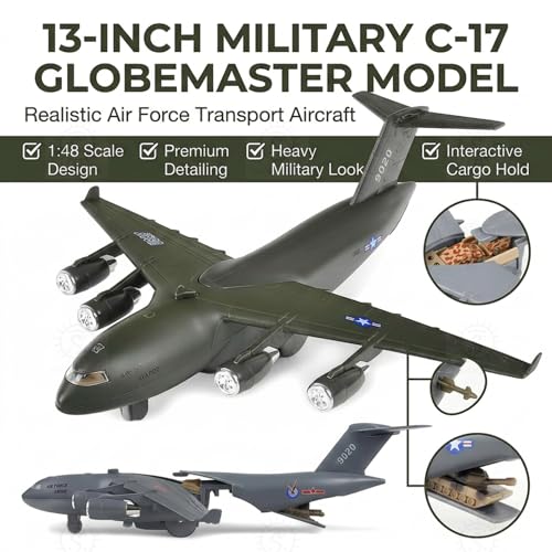 Image of SHAKTISM Military Boeing C-17 Transport Aircraft Model, 13 Inch, 1:48 Scale, with Lights, Sound Effects, Openable Cargo Door, 3 Tanks Inside Random Colour -1Pc (DL-181A)