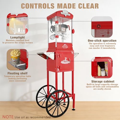 Image of 10oz Popcorn Machine with Cart - Vintage Movie Theater Style Maker - Shatterproof Acrylic and Storage Cabinet for Home Parties, Concessions - Red