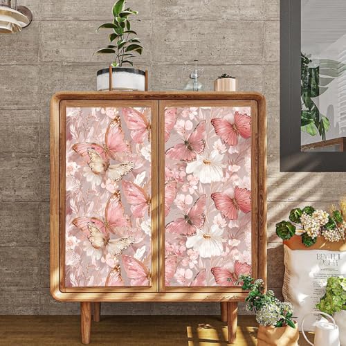 Image of Pink Butterfly Wall Decals, Watercolor Flower Peel and Stick Wallpaper for Girls Bedroom Nursery, Romantic Floral Mural for Mother's Day Home Decor, 39.37x15.75 Inch
