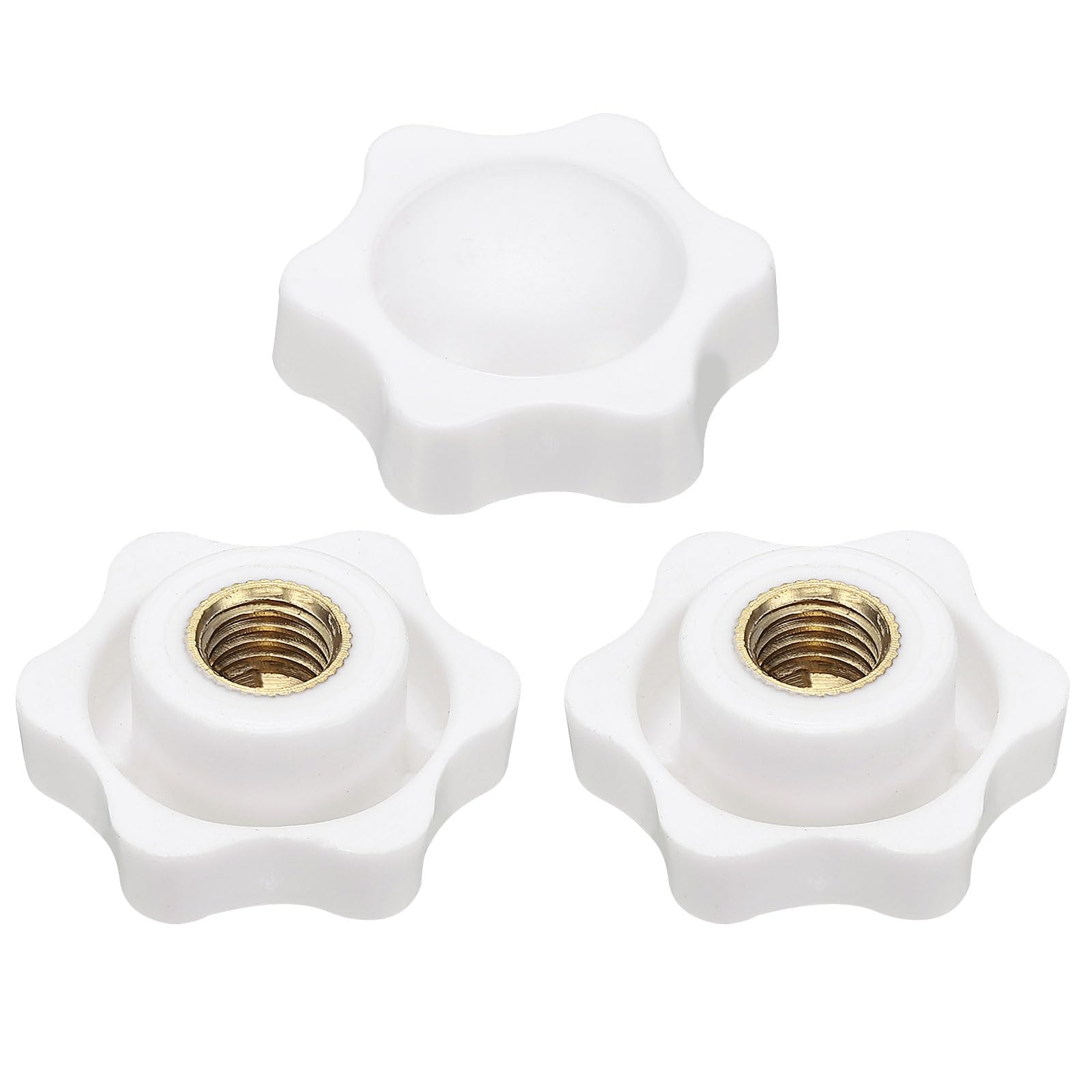 sourcing map 3pcs Star Clamping Nuts M10 Female Thread 38mm 6-Point Plastic Head Brass Insert Non-Through Hole Screw-in Threaded Knob Hand Tightening Clamping Handles, White