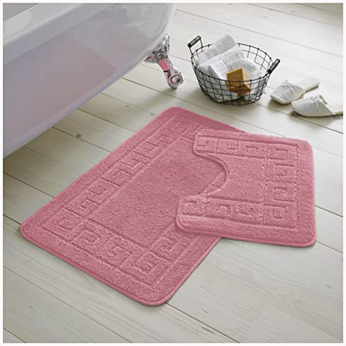 GC GAVENO CAVAILIA Bath Mat 2 Piece | Water Absorbent & Quick Drying Toilet Rugs with Non Slip Backing Machine Washable Mats Pink | (50x80cm,50x40cm)