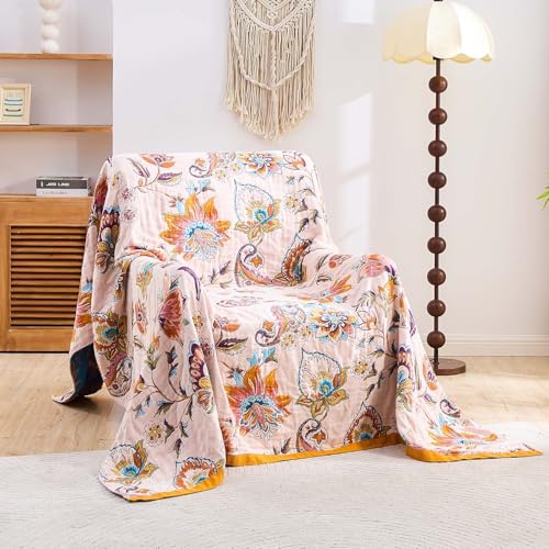 Image of XIBLC Boho Throw Blanket for Bed, 100% Cotton Soft Rustic Quilt Fall Blanket, 80 inchx90 inch Floral Printed Farmhouse Decor Bed Blankets, All Season Rustic Reversible Bohemian Throw Quilt