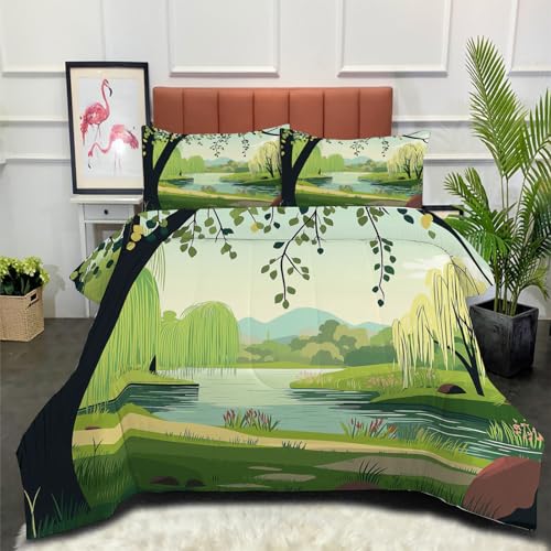 Edredón Relleno Nórdico 4 Estaciones Cama 105 200x200cm - Edredón Sauce De Primavera Nórdico de Fibra Paisaje Ribereño Suave Transpirable para Invierno, Primavera y Otoño, Verde Esmeralda