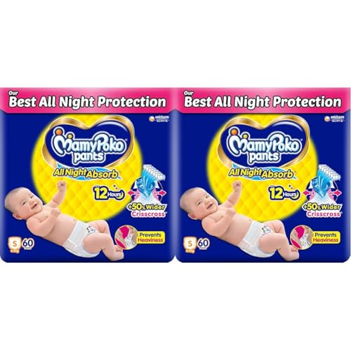Image of MamyPoko Pants All Night Absorb Baby Diapers, Small (S), 60 Count 4-8 Kg (Pack Of 2), 120 Count