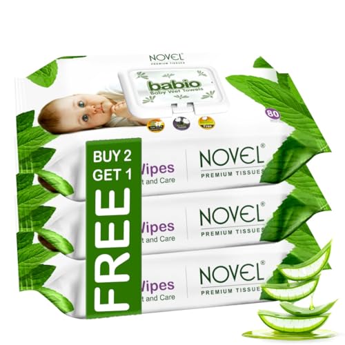 Image of Novel Baby Wet Wipes 80 Wipes x Pack of 30 (240 Wipes) | Aloe Vera, Chamomile, Jojaba Oil, Vitamin E Enriched | pH Balanced, Alcohol, Hypoallergenic & Paraben-Free | Extra Thick & Moist wet | Anti Rash Soft Gentle Baby Wipes with Lid