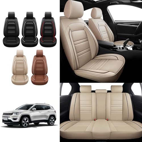 TENDER GLOW Leather Car Seat Covers Fit for Jeep Commander 2006-2010, 5 Seats Non-Slip Waterproof Car Seat Cover, Sporting Style Full Set Accessories (Beige)