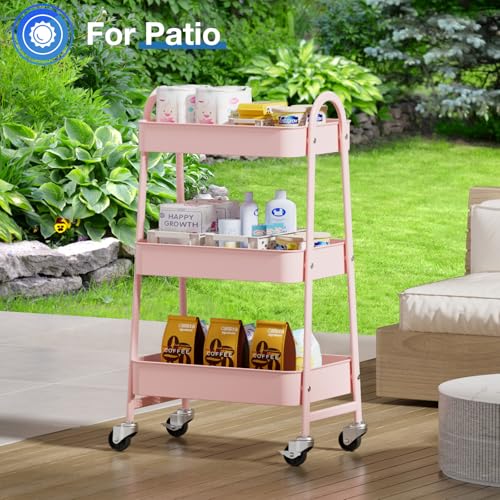 OLIXIS 3 Tier Utility Rolling Cart, Metal Mobile Storage Shelf with Lockable Caster Wheels, Organization for Livingroom, Bathroom & Narrow Places, Pink - Image 3