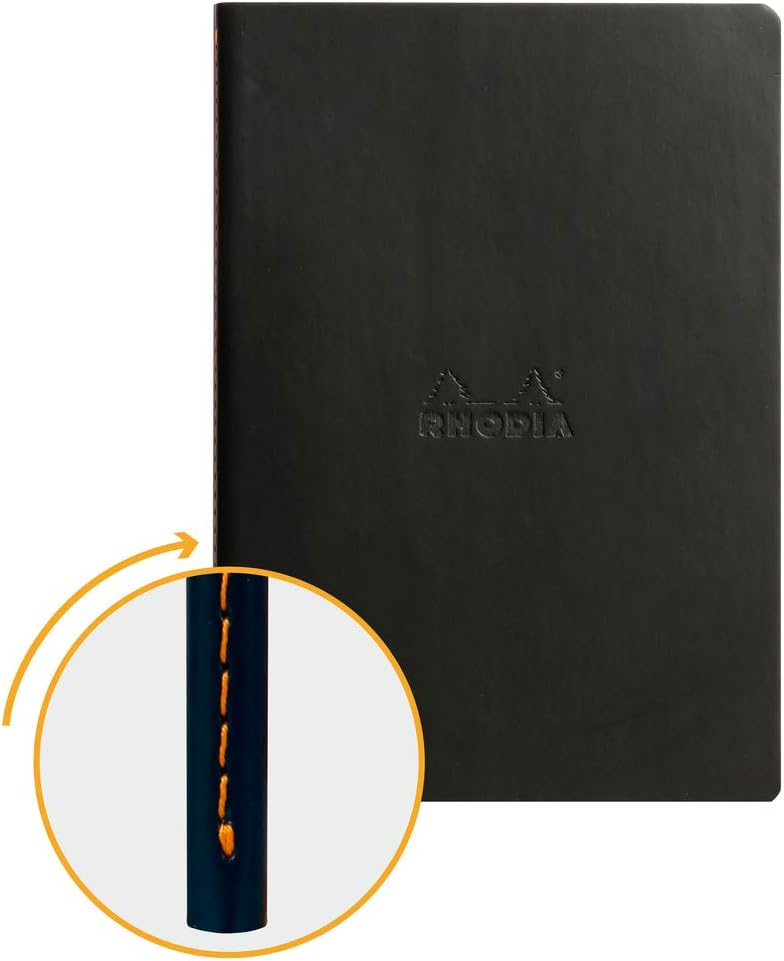 RHODIA 116402C - Soft Notebook with Black Textile Stitching - A5 - Lined - 64 pages - Ivory Clairefontaine Paper 90 g/m - Faux Leather Cover - Rhodiarama Collection
