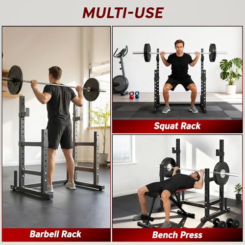 Image of Soozier Adjustable Squat Rack, Multi-Functional Bench Press Rack, Heavy Duty Steel Barbell Stand with Weight Plate Holders for Weight Lifting and Home Gym Strength Training, 660lbs Max Load