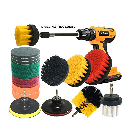 JOQINEER 20-delige boorborstel opzetstukken, schrobpads en spons, krachtige schrobborstel met verlengde lange opzetstuk Allesreiniger voor voegen, tegels, gootstenen, badkuip, badkamer, keuken, geel en zwart