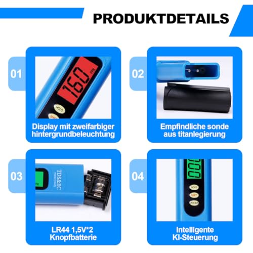 TDS Messgerät,Wassertester Trinkwasser Mikrosiemens Messgerät und PPM Messgerät Wasser TDS Wasserqualität Tester EC Messgerät 3 In 1 TDS Digital Wassertester für Trinkwasser Pool Aquarium Teich