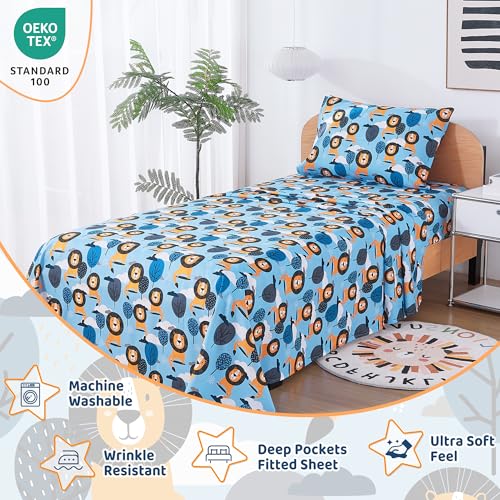 Image of Viviland 3 Pieces Boys Blue Twin Sheet Set - Soft Microfiber Fitted Flat Sheets & Pillowcase - Lion Tree Bedding Sets - for Kids & Toddlers