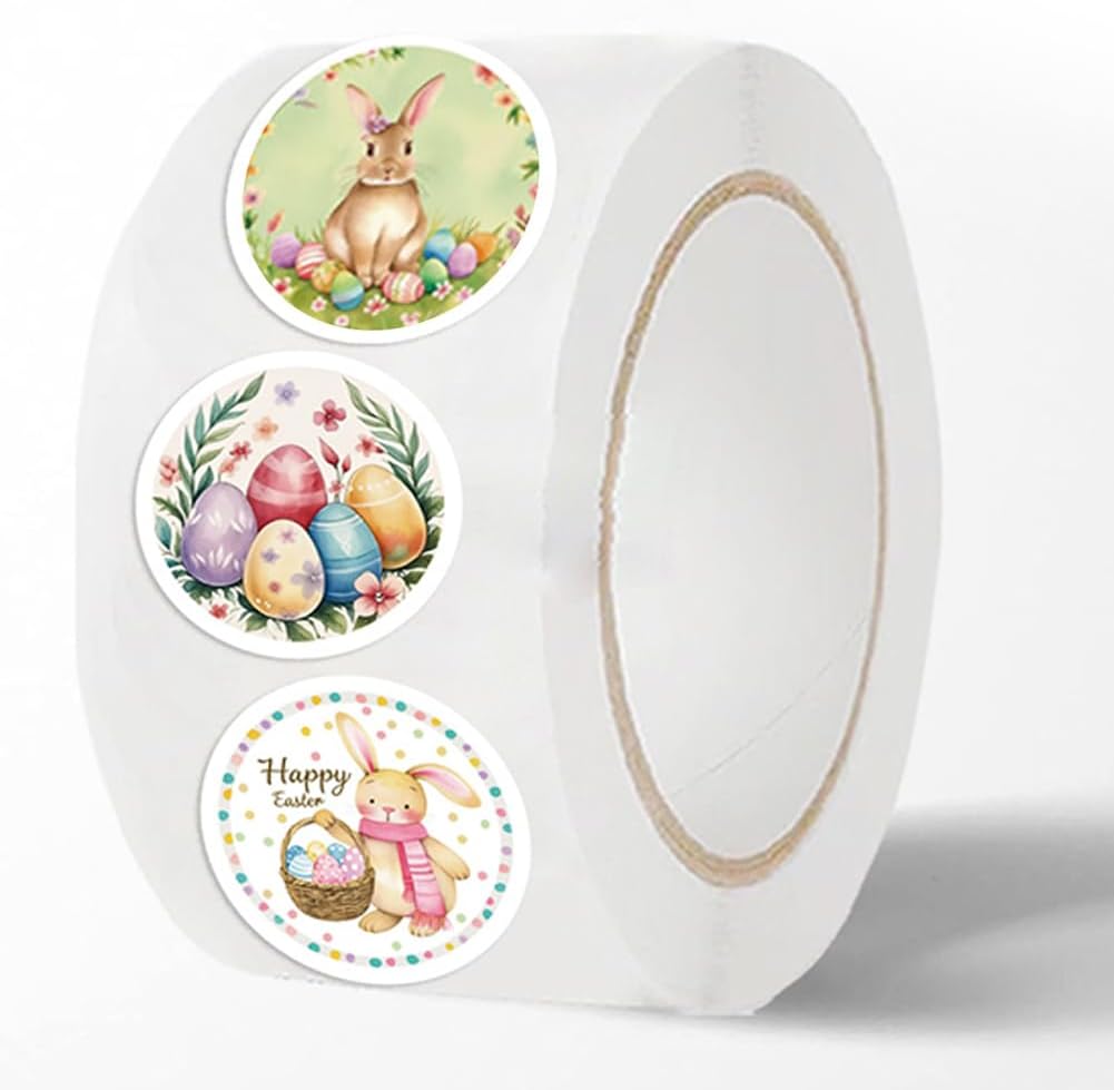 500 Pcs Easter Stickers 1 Inch Erasers Bunny Sticker Roll Cute Egg Stickers 10 Designs Happy Easter Sticker for Scrapbook Journal Envelopes Gift Decorations Supplies