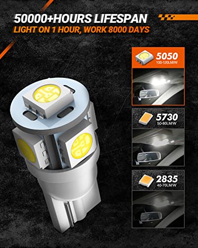 Image of SEALIGHT 194 LED Bulbs, 168 W5W 2825 LED Bulb 6000K White Super Bright Replacement for License Plate Light, Dome Light, Map Light,Courtesy Light (Pack of 10), Automotive Parking Light Assemblies