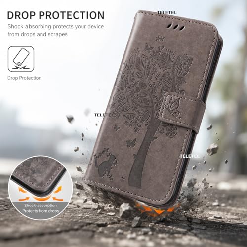 Image of TELETEL for Samsung Galaxy S25 Ultra Premium Vegan Leather Flip Cover | Card Cash Holder Wallet Case | Magnetic Closure (Grey Embossed Tree)