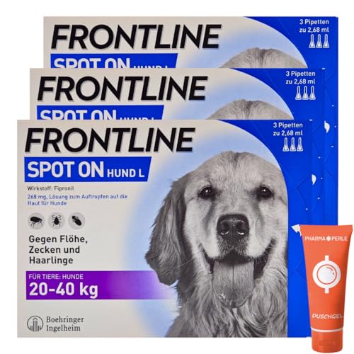 Frontline Spot on für Hunde - Zuverlässiger Schutz gegen Zecken, Flöhe und Haarlinge – Einfach aufzutragen I Sparset mit give-Away von Pharma Perle (Frontline für Hunde L 20-40 kg 3 x 3 St.)