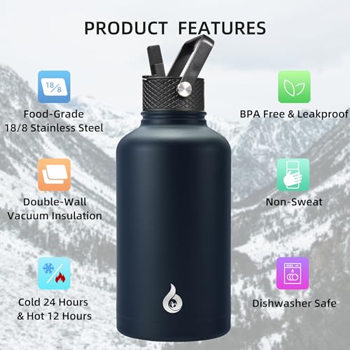Image of BJPKPK Half Gallon Insulated Water Bottles with Straw Lid, 64oz Large Water Jug, Stainless Steel Bottles with 3 Lids and Paracord Handle, Thermo for Hot & Cold Liquid, Navy Blue