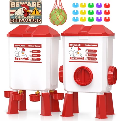 Mangeoire Poules et Abreuvoir Poules Automatique – 12 Kg / 11 L, Mangeoire Poule Anti Nuisible 4 Coupelles & 3 Ports d’Alimentation, Distributeur de Nourriture Anti-Gaspillage