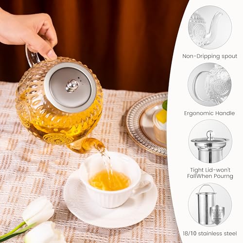 Image of Amzcku 50OZ /1500ml Vintage Glass Teapot with Removable Infuser - Stovetop Safe, Borosilicate Glass Tea Kettle for Blooming & Loose Leaf Tea