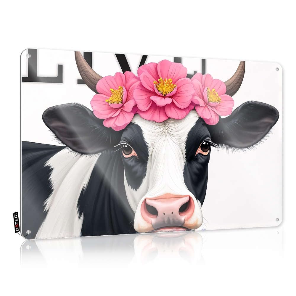 Fzfn Colour Metal Wall Decoration Cocoa Ready To Hang - A Cow Adorned With Pink Flowers. Soft Bath For Highland(30X40cm)