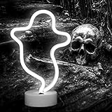 Ghost Neon Lights Halloween Decorations, LED Signs Spooky Shape Neon Signs Night Lights for Gothic, Home, Wall Party Christmas Decor-Ghost with Holder Base(White)
