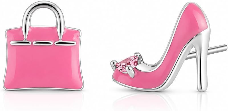 High Heel & Designer Handbag Earrings, 925 Sterling Silver Stud Earrings for Women, Pink Fashion Jewelry Gift For Women