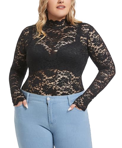 Women Vintage Fashion Mock Neck Semi Sheer Plus Size Long Sleeve Babydoll Lace Top Casual Clothing Floral Tight Shirt Trendy4