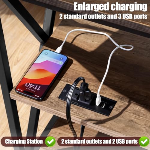 Image of Square End Table with Charging Station, 3-Tier End Table Living Room, 16 inch D X 16 inch W X 28 inch H, Wood and Metal Table with USB Ports and Outlets, Side Table with Wheels for Living Room, Bedroom, Grey