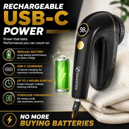Image of Smartek Fabric Shaver Fuzz Remover, Electric Lint Remover for Clothes, Sweater Shaver to Remove Pilling, Couch Cleaner (Rechargeable)