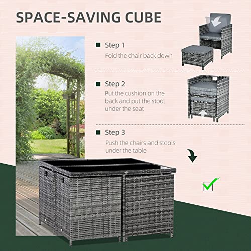 Outsunny 8 Seater Rattan Cube Garden Furniture Set, Rattan Dining Set with Cushions, Outdoor Dining Table and Chairs with 4 Armchairs, 4 Stools, Square Glass Top Table for Patio, Balcony, Grey 3 Outsunny 8 Seater Rattan Cube Garden Furniture Set, Rattan Dining Set with Cushions, Outdoor Dining Table and Chairs with 4 Armchairs, 4 Stools, Square Glass Top Table for Patio, Balcony, Grey - Image 3