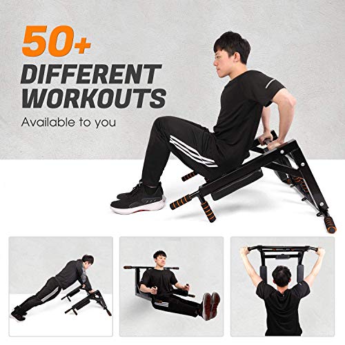 Odoland Wall Mounted Pull Up Bar and Dip Station, Chin Up Bar Dip Stands Compact Power Tower Set for Indoor Home Gym Workout, Multifunctional Fitness Training Equipment Supports to 440 Lbs