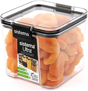 Sistema Ultra Tritan Airtight Pantry Storage Container | 700 ml Square Food Storage Container | Stackable | with Locking Clips | BPA-Free | Clear with Black Accents