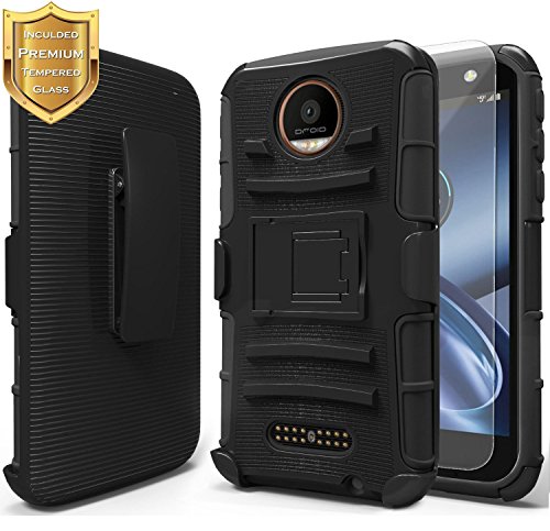 Moto Z Case w/ [Tempered Glass Screen Protector], NageBee [Heavy Duty] Armor Shock Proof Dual Layer [Swivel Belt Clip] Holster [Kickstand] Combo Rugged Case for Motorola Moto Z Droid Edition - Black