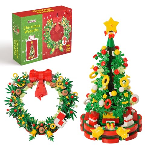 Image of Christmas Tree or Wreath Building Set for Adults and Kids, Creator Building Toy Kit for Holiday Decoration, Tabletop Christmas Tree Gift, 2 Building Options in 1 Set