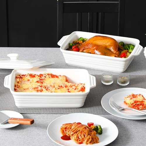 Image of MALACASA Casserole Dish for Oven, 4.4 Qt Porcelain Baking Dish with Lid, 9x13 Baking Pan with Handles, Large Lasagna Pan Deep, Rectangular Bakeware, Microwave Safe, White, Series BAKE