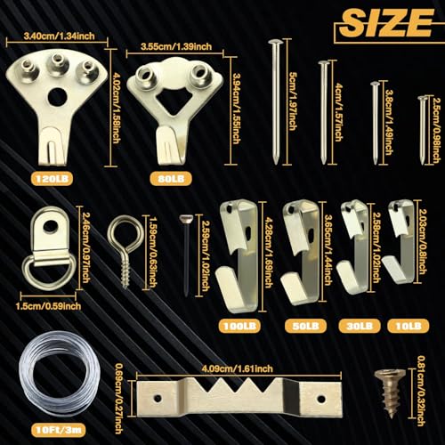Image of SPEEDWOX 309Pcs Heavy Duty Picture Hanging Kit Picture Hangers Picture Hanging Assortment Kit with Hooks, Single Hooks, Serrated Hooks, Small Half-Circle Hooks, Gold Small Lamb's-Eye Hooks, Wire