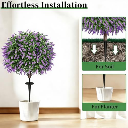 Bloyapix 27.5" Artificial Lavender Boxwood Topiary Ball Trees, Set of 2 Fake Shrubs Bushes with Ground Spike, UV Resistant Faux Evergreen Tree for Front Porch Outdoor Garden Decor - image 4