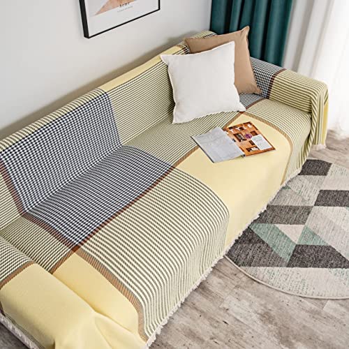 Dreamingo Furniture Protector Couch Cover Cotton Linen Sofa Covers For 3 Cushion Couch Yellow Sectional Couch Covers For Dogs Durable Houndstooth Jacquard Couch Throw Cover With Tassel, 71" X 118" #TOP6