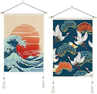 ORTIGIA 2 Pack Japanese Tapestry with Tassels Great Wave Tapestry Wall Hanging Red Sun Japanese Crane Tapestry Wall Art Nature Landscape Home Decor for Bedroom 14" W x 20" L (35cmx50cm)