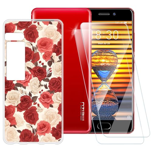 ESACMOT Funda con patrón de rosas compatible con Meizu Pro 7 + [2 unidades] Protector de pantalla de vidrio templado, funda a prueba de golpes para Meizu Pro 7 (5.2 pulgadas)