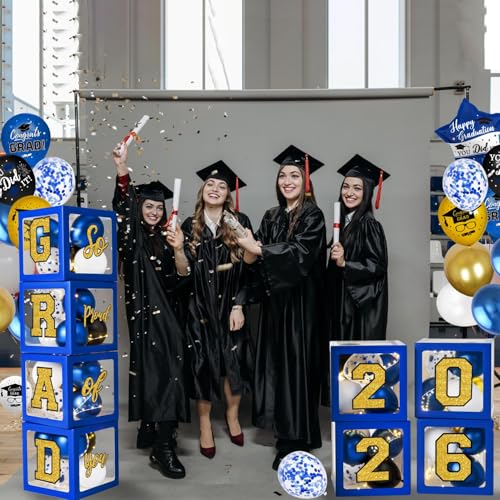 Image of Graduation Decorations Class of 2026 - Blue and Gold Balloons Boxes with Letters 2026 GRAD So Proud of You - Complete Party Supplies for High School & College Celebrations